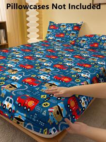 1 pièce Drap-housse brossé imprimé motif de voiture d'urgence, housse de couette imprimée pour chambre à coucher, literie (Housse de coussin exclue)