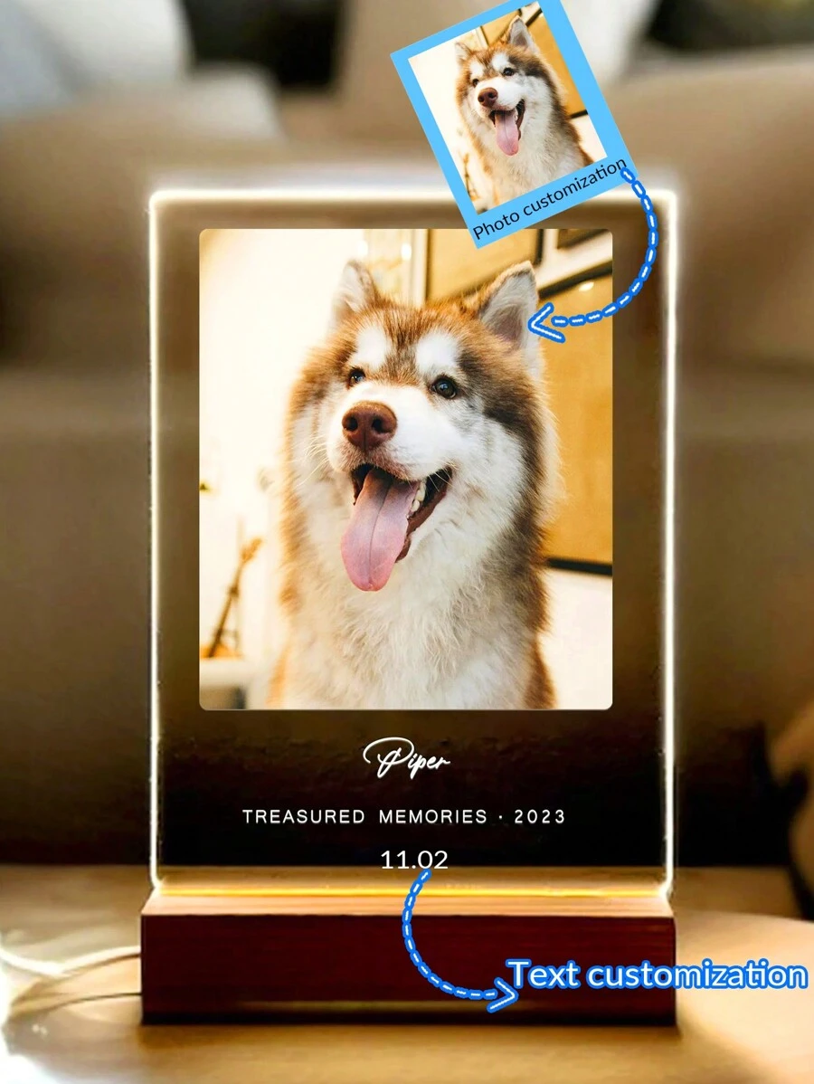 1pc Customized 3D Acrylic Pet Memorial Night Light, Customizable With Pet Name, Date, Photo & Text, Pet Memorial Plaque, Pet Gift, Missing Cat/Dog Gift, Gift For Boyfriend/Girlfriend, Parents, Friends, Customized Illuminated Desktop Night Light - Yellow - View 1