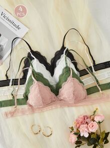 4 PCS Sous-vêtements en dentelle sans fil ensemble bikini soutien gorge et culotte , lingerie à bordure festonnée