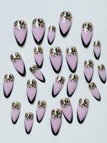 24入組長杏仁形歐美法式豹紋設計裝飾性假指甲，適用於女孩/女性的日常生活、派對等使用+ 1入組果凍膠+ 1入組指甲檔磨板壓縮式指甲產品 - 彩色 - 查看 2