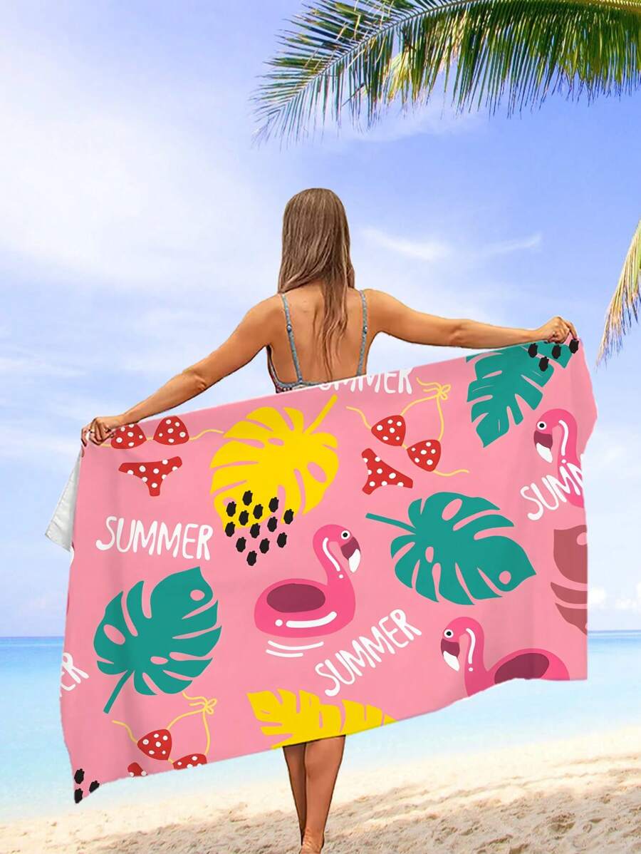 One Size 150 Cm X 75 Cm, Turtle Back Leaf, Swimsuit, Flamingo, Pattern, Rose Red, Cute, Microfiber, Rectangle, Light, Portable, Soft Absorbent, Beach Towel, Digital Print, Beach Supplies, Outdoor Summer Beach Towels, Swimming Pool, Travel, Beach, Yoga - Multicolor - View 1