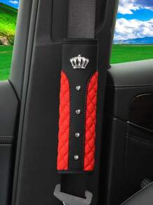 MEIKAXIU 1pc Bling-Bling Crown And Rhinestone Leather Embroidery Car Seat Belt Shoulder Pad, Comfortable And - Red - View 4