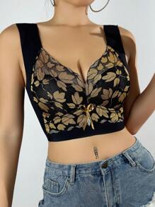 女士无钢圈花卉印花文胸，提升支撑，女士运动文胸