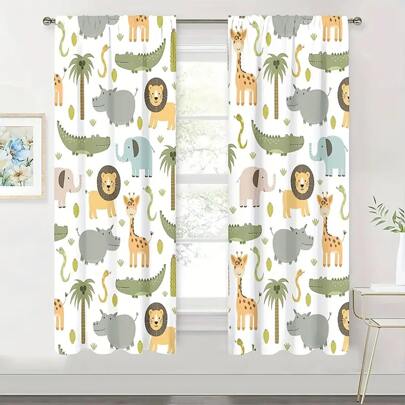 2pcs Nursery Animals Curtains Rod Pocket Baby Boy Kids Woodland Jungle Forest Lion Elephant Printed Curtains For Living Room Bedroom Window Drapes Home Decor Baby Shower Family Decorations Gifts