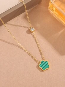 1 mặt dây chuyền bằng thép không gỉ phong cách châu Âu và Mỹ thời trang hình bào ngư cỏ ba lá với vòng cổ nữ khảm kim cương, chuỗi xương đòn cánh hoa độc đáo - Dây chuyền hoa năm lá đính kim cương - Xem 4