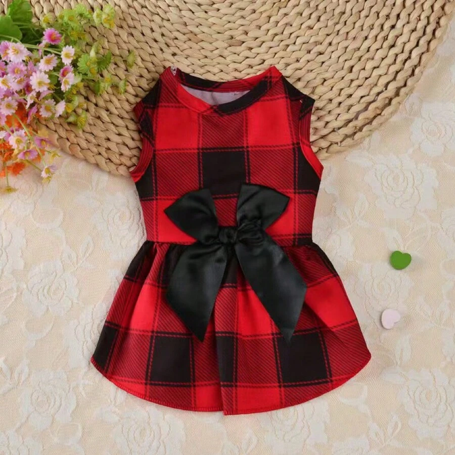 寵物格紋斜揹裙，簡單可愛的小型犬服飾 - 紅色 - 查看 1