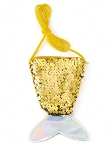 Sequined Mermaid Tail Shaped Coin Purse With Shoulder Strap, Children Mini Crossbody Bag, Double Color Sparkly Change Wallet For Girls