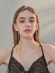 قطعة واحدة من الإكسسوار الفاخر للرأس مزين بالكريستال والراين ستون والشرابات الطويلة، مناسب للحفلات الراقية والكوسبلاي والزفاف والعشاء الرسمي، هدية إكسسوار شعر عصري - الذهبي - مشاهدة 5