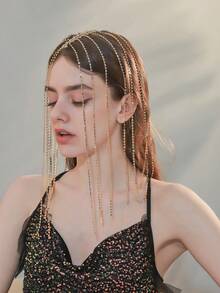 قطعة واحدة من الإكسسوار الفاخر للرأس مزين بالكريستال والراين ستون والشرابات الطويلة، مناسب للحفلات الراقية والكوسبلاي والزفاف والعشاء الرسمي، هدية إكسسوار شعر عصري - الذهبي - مشاهدة 6