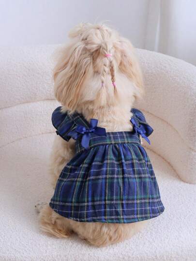 1pc Velvet Plaid Pattern Preppy Elegance Style Bow Cap Sleeve Suspender Dress For Cats And Dogs, Suitable For All Seasons