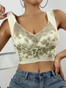 女士无钢圈花卉印花文胸，提升聚拢，防下垂，运动工字背文胸