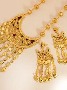 3pcs/Set Vintage Luxury Crescent Moon Earrings And Necklace Set With Gold Coin Fringe Jewelry For Women Weddings And Party Occasion - Yellow Gold - View 15