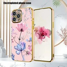 花卉彩绘油画防摔电镀手机壳兼容 Apple IPhone 11/12/13/14/15 Pro Max、Samsung S22/23/24 Plus、OPPO、VIVO、Redmi 13c+、Moto G Redmi Note 13c/12/11 Pro、Enjoy 20/30/40/50/60/70、HONOR 90/80/70/60/50、X9/X8/X7/X6/X5 AB+，防摔电镀手机壳 - 粉色 - 查看 1