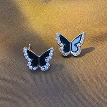 1 par de pendientes de botón con mariposa de cristal - Plateado - Ver 2