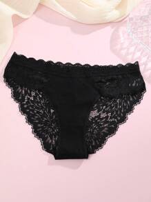 Solid Color Lace Patchwork Simple & Comfortable Triangle Panties - Black - View 6