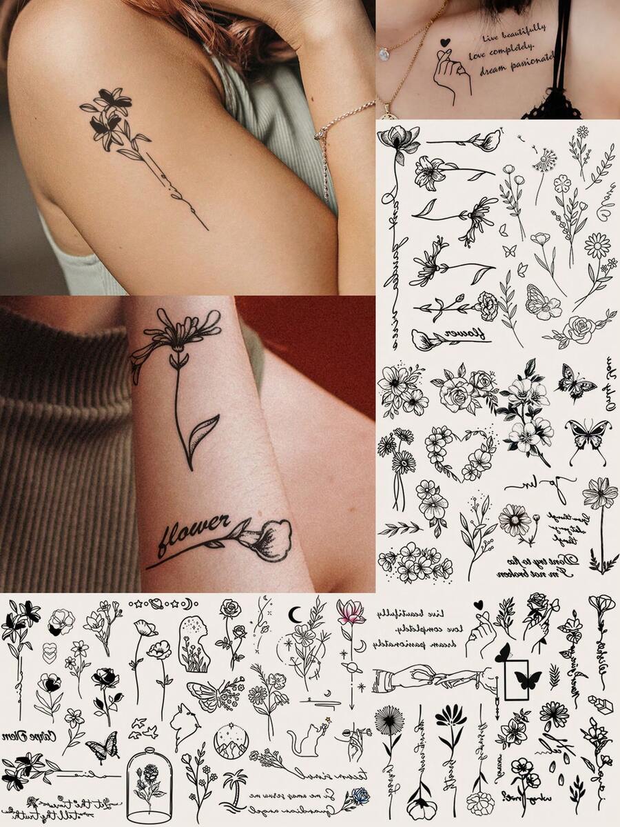 STARTTOOS Autocollant de tatouage temporaire personnalisé à la mode avec fleurs, papillons et rayures unicolore pour le corps, y compris les bras, les poignets, la poitrine, l'abdomen et le dos