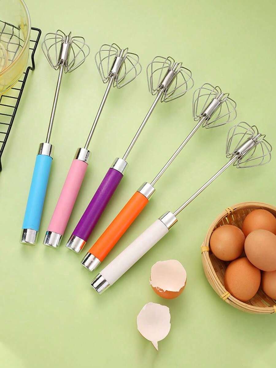 1pc Colorful Handle Semi-Automatic Rotating Egg Beater For Home Use, Stainless Steel Manual Cream Mixer, Suitable For Kitchen Cooking Box, With Random Color Mini Whisk And Milk Frother