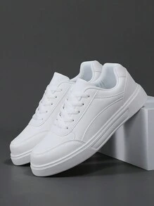 scarpe sportive casual sportive primavera/autunno da uomo a basso profilo  bianca PU con punta tonda e suola morbida, chiusura con lacci