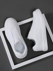 scarpe sportive casual sportive primavera/autunno da uomo a basso profilo  bianca PU con punta tonda e suola morbida, chiusura con lacci