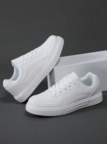 scarpe sportive casual sportive primavera/autunno da uomo a basso profilo  bianca PU con punta tonda e suola morbida, chiusura con lacci