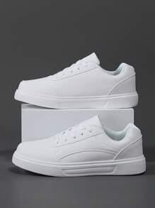 scarpe sportive casual sportive primavera/autunno da uomo a basso profilo  bianca PU con punta tonda e suola morbida, chiusura con lacci