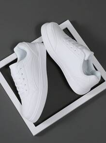 scarpe sportive casual sportive primavera/autunno da uomo a basso profilo  bianca PU con punta tonda e suola morbida, chiusura con lacci