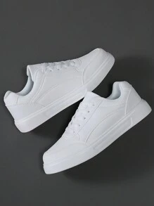 scarpe sportive casual sportive primavera/autunno da uomo a basso profilo  bianca PU con punta tonda e suola morbida, chiusura con lacci