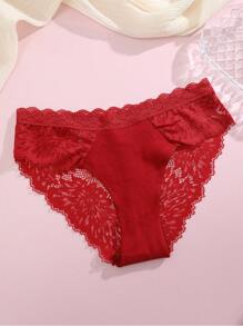 女士红色圣诞新年蕾丝图案拼接舒适性感内裤