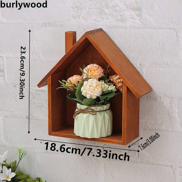 1pc Wooden House-Shaped Wall Shelf, Dining Room Storage Rack Decoration - Small House Storage Rack - View 4