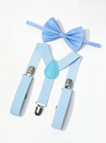 2pcs/Set Kids Minimalist Back To School Bow Tie & Suspender Set, Unisex, Autumn/Winter - Baby Blue - View 2