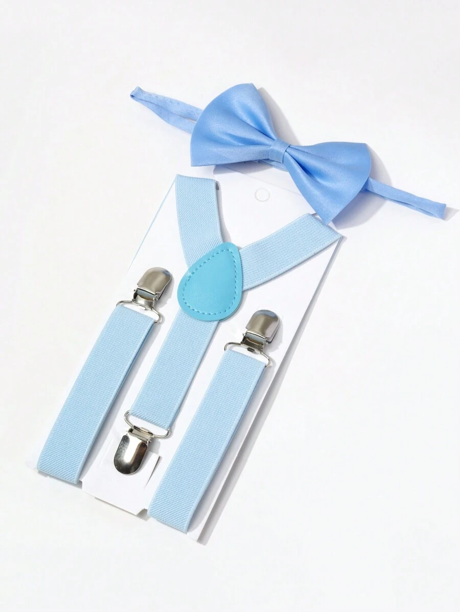 2pcs/Set Kids Minimalist Back To School Bow Tie & Suspender Set, Unisex, Autumn/Winter - Baby Blue - View 1