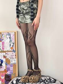 Women's Hollow Out Mesh Flame Pattern Fishnet Tights - Black - View 4