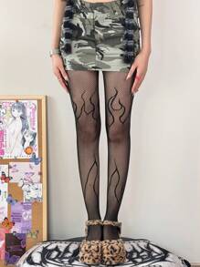 Women's Hollow Out Mesh Flame Pattern Fishnet Tights - Black - View 6