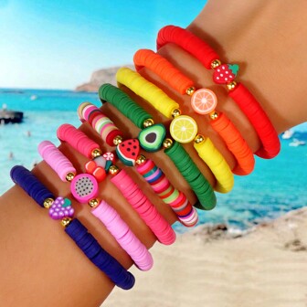1pc Bohemian Simple Style Gold Beads Multicolor Fruit Soft Clay Elastic Women's Bracelet, Stackable Women's Jewelry, Summer Fashion Jewelry, Commuting, Seaside, Party, Anniversary Gift, Friend Gift
