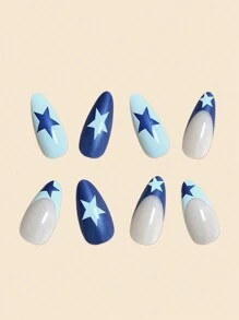 24pcs Almond Shape False Nails In Blue Color Including French Style, Royal Blue Star, Blue Star, And Waterdrop Shape Design + Jelly Gel + Nail File Press On Nails Nail Supplies - Royal Blue - View 5