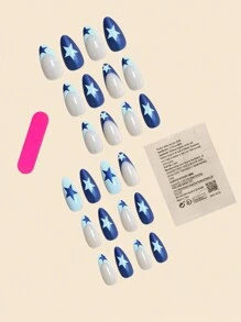 24pcs Almond Shape False Nails In Blue Color Including French Style, Royal Blue Star, Blue Star, And Waterdrop Shape Design + Jelly Gel + Nail File Press On Nails Nail Supplies - Royal Blue - View 2