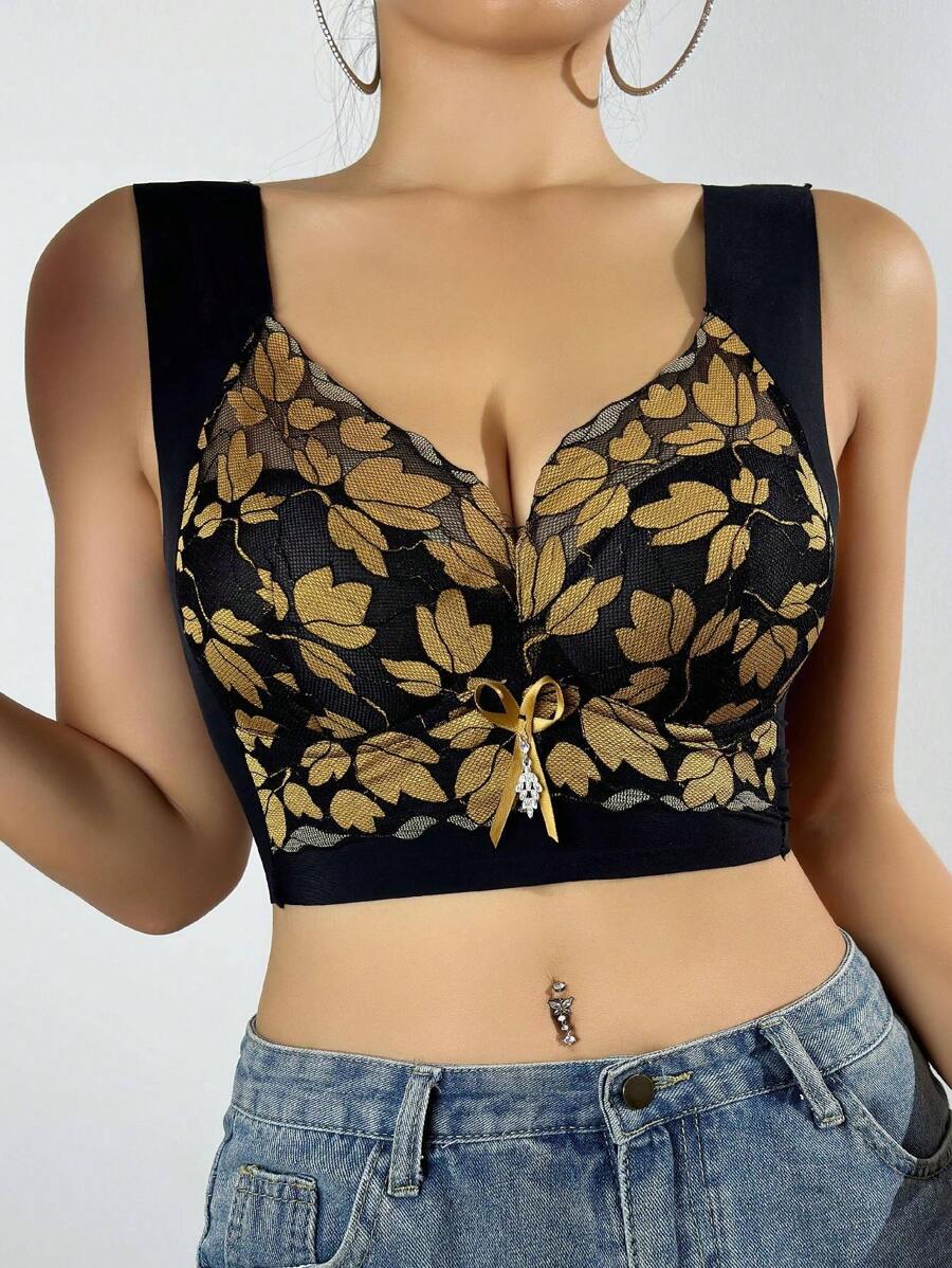 女士无钢圈花卉印花文胸，提升支撑，女士运动文胸