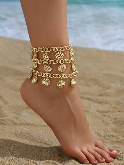 1個豪華典雅的鍍金中空心花吊墜女性誇張海灘假期踝鍊，適用於假日派對