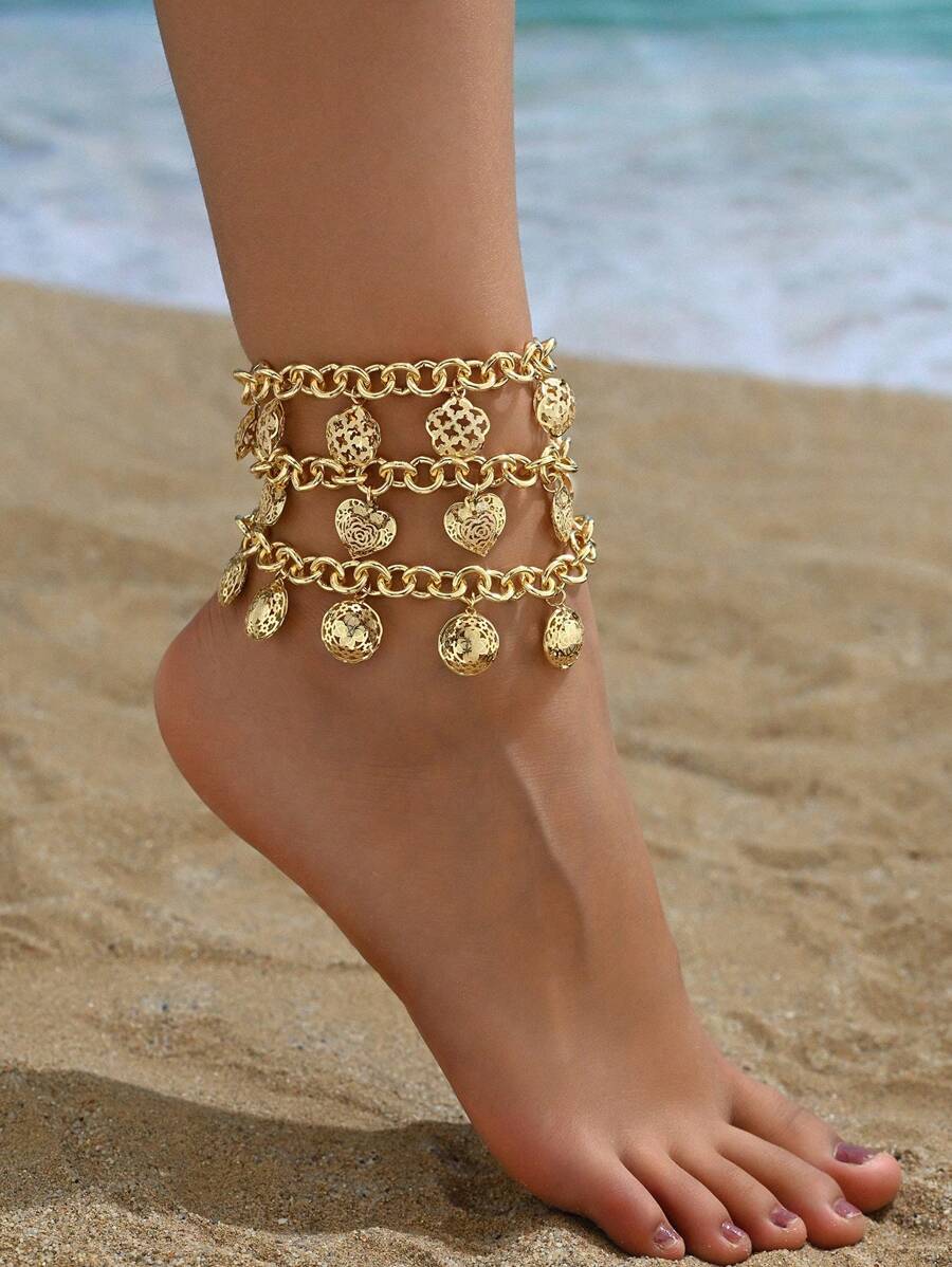 1個豪華典雅的鍍金中空心花吊墜女性誇張海灘假期踝鍊，適用於假日派對