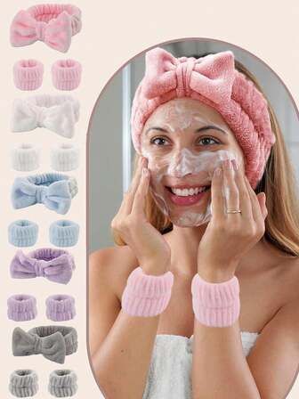 3pcs/Set Fashionable Bow Makeup Wash Face Spa Plush Headband, Hair Tie, Wristband (Elastic Bands), Cute Hair Bands & Scrunchies Wash Hands Wrist Wrap Set Hair 