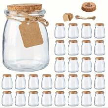 Set von 30 Glasbehältern, Mini Joghurt Gläser, 100ml Süßigkeiten-Gläser mit Korkdeckel, Pudding Behälter mit Deckel, Mason Jar Hochzeitsgeschenk, Honigglas mit Etiketten und Schnüren