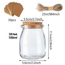 Set von 30 Glasbehältern, Mini Joghurt Gläser, 100ml Süßigkeiten-Gläser mit Korkdeckel, Pudding Behälter mit Deckel, Mason Jar Hochzeitsgeschenk, Honigglas mit Etiketten und Schnüren