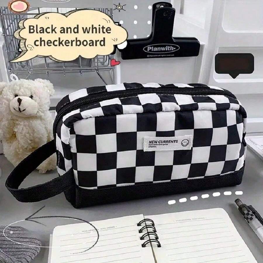 Highly Attractive Ins Style Pen Case, Black & White Checkerboard Large Capacity Handheld Korean Version Pencil Bag, Stain Resistant - Black - View 1