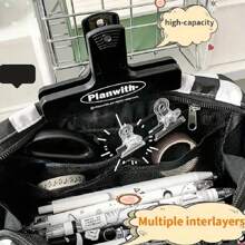 Highly Attractive Ins Style Pen Case, Black & White Checkerboard Large Capacity Handheld Korean Version Pencil Bag, Stain Resistant - Black - View 3