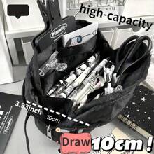 Highly Attractive Ins Style Pen Case, Black & White Checkerboard Large Capacity Handheld Korean Version Pencil Bag, Stain Resistant - Black - View 2