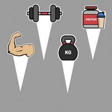 48 piezas Topper para cupcakes de temática fitness, que incluyen agarres de mano de equipos de gimnasio, hombres musculosos y bebidas altas en proteínas. Perfectos para la decoración de fiestas de cumpleaños, nutricionistas/entrenadores de fitness, graduaciones y días festivos