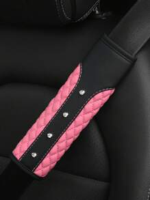 1入車用閃閃發光皮革刺繡安全帶套，帶有人造鑽石裝飾，舒適減壓和防緊繃安全帶 - 粉色 - 查看 1