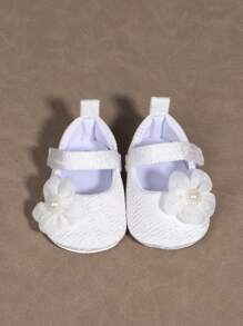 1 par de zapatos Mary Jane para niñas de unicolor decorados con flores en PU con correa de gancho y lazo, antideslizantes, adecuados para primavera y otoño - Blanco - Ver 6