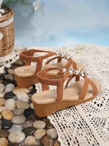 Giày cao gót đế xuồng đính ngọc trai và hoa hồng Bohemian dành cho nữ, thời trang mùa hè - màu nâu - Xem 5