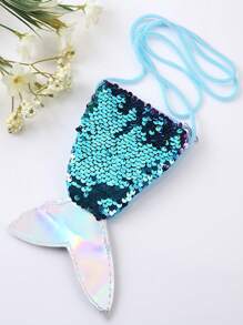 Sequined Mermaid Tail Shaped Coin Purse With Shoulder Strap, Children Mini Crossbody Bag, Double Color Sparkly Change Wallet For Girls